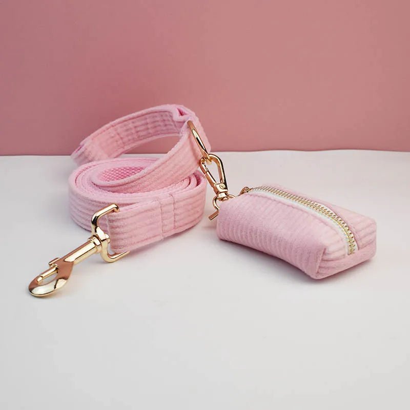 Petspuff Personalised Pink Corduroy Dog Collar & Lead Set – Engraved Name Tag, Bow & Harness