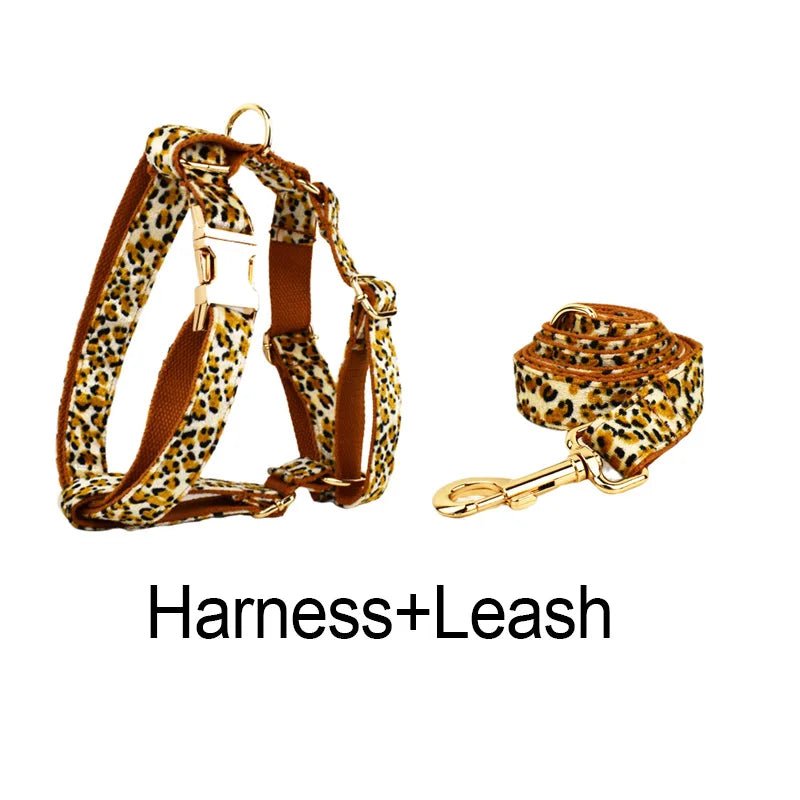 Petspuff Personalised Leopard Print Dog Collar & Lead Set – Engraved Name Tag, Harness & Poop Bag Holder