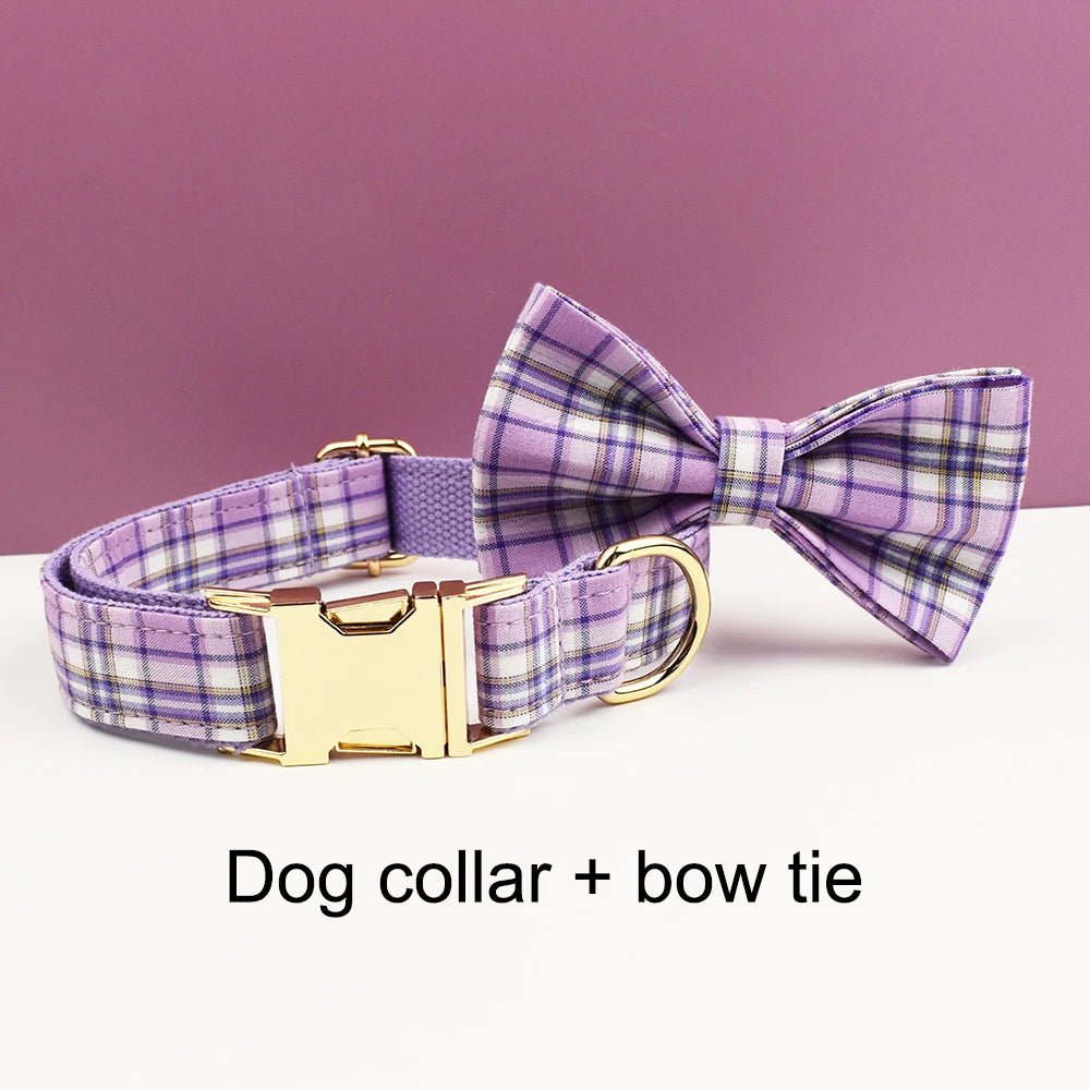 Petspuff Personalised Plaid Bow Dog Collar & Lead – Engraved Name Tag | 7 Designs, XS–XL - Petspuff