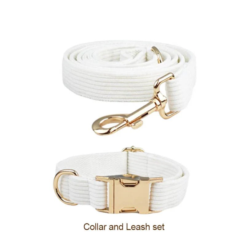 Petspuff Personalised White Corduroy Dog Collar & Lead Set – Engraved Name Tag, Bow & Harness