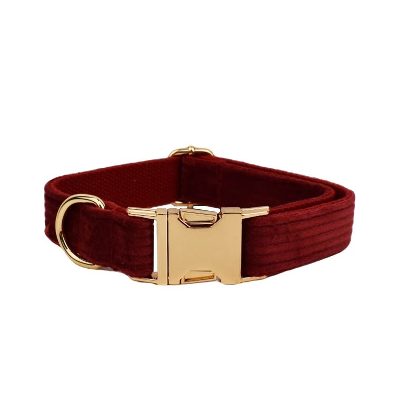 Petspuff Personalised Wine Red Corduroy Dog Collar & Lead Set – Engraved Name Tag, Bow & Harness