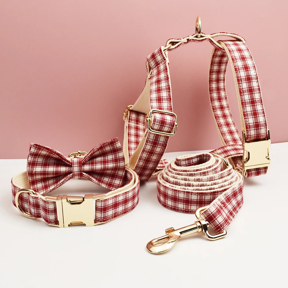 Petspuff Personalised Red Plaid Dog Collar, Harness & Lead Set – Engraved Name Tag & Bow | Christmas