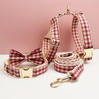 Petspuff Personalised Red Plaid Dog Collar, Harness & Lead Set – Engraved Name Tag & Bow | Christmas