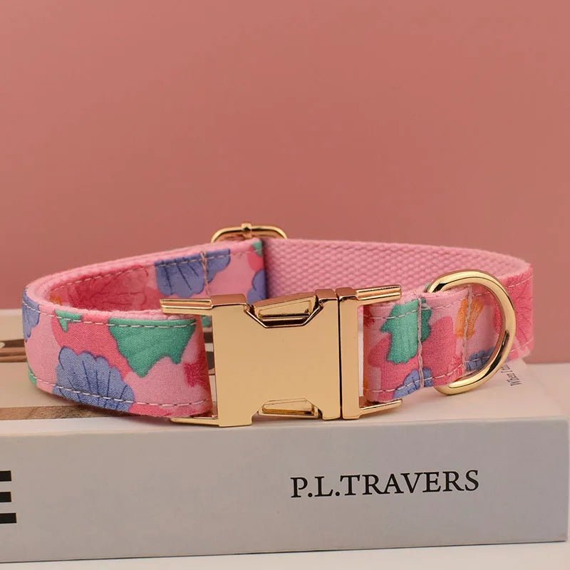 Petspuff Personalised Pink Shell Print Dog Collar & Lead – Engraved Name Tag | Medium & Large Dogs