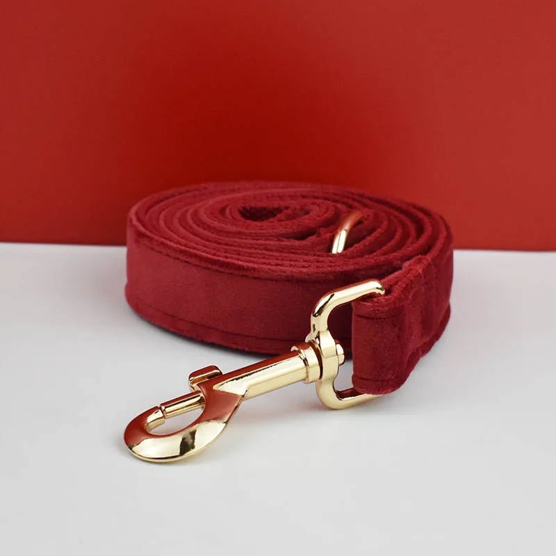 Petspuff Personalised Cherry Red Velvet Dog Collar & Lead Set – Engraved Name Tag, Bow & Harness - Petspuff