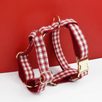 Petspuff Personalised Red Plaid Dog Collar, Harness & Lead Set – Engraved Name Tag & Bow | Style 28