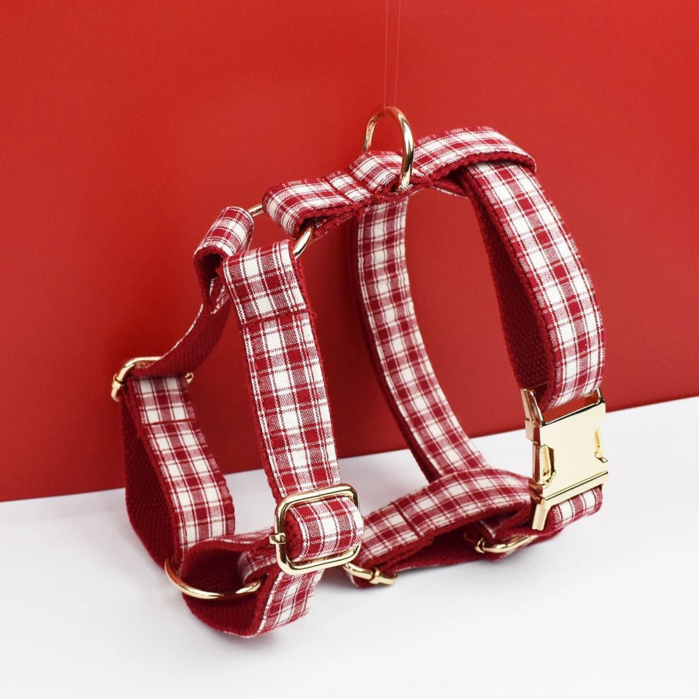 Petspuff Personalised Red Plaid Dog Collar, Harness & Lead Set – Engraved Name Tag & Bow | Style 28
