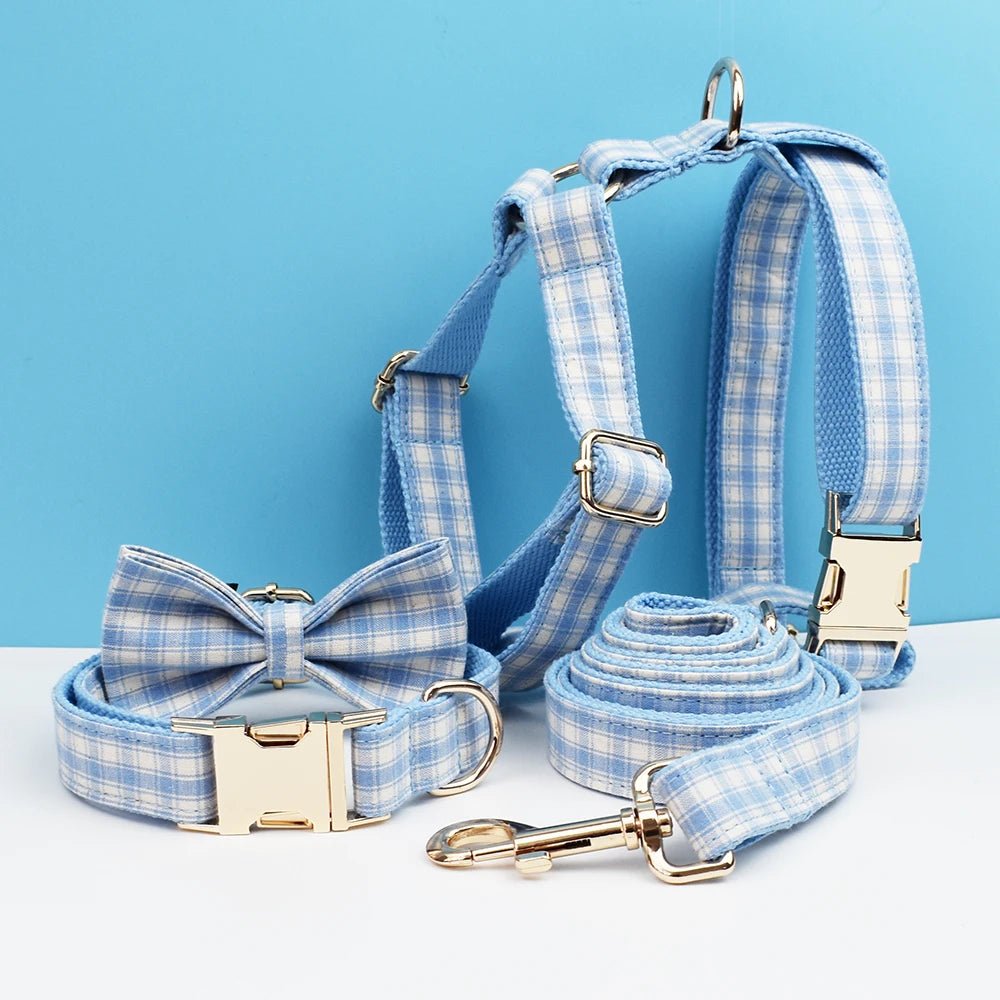 Petspuff Personalised Plaid Dog Collar, Harness & Lead Set – Engraved Name Tag & Bow | Style 29