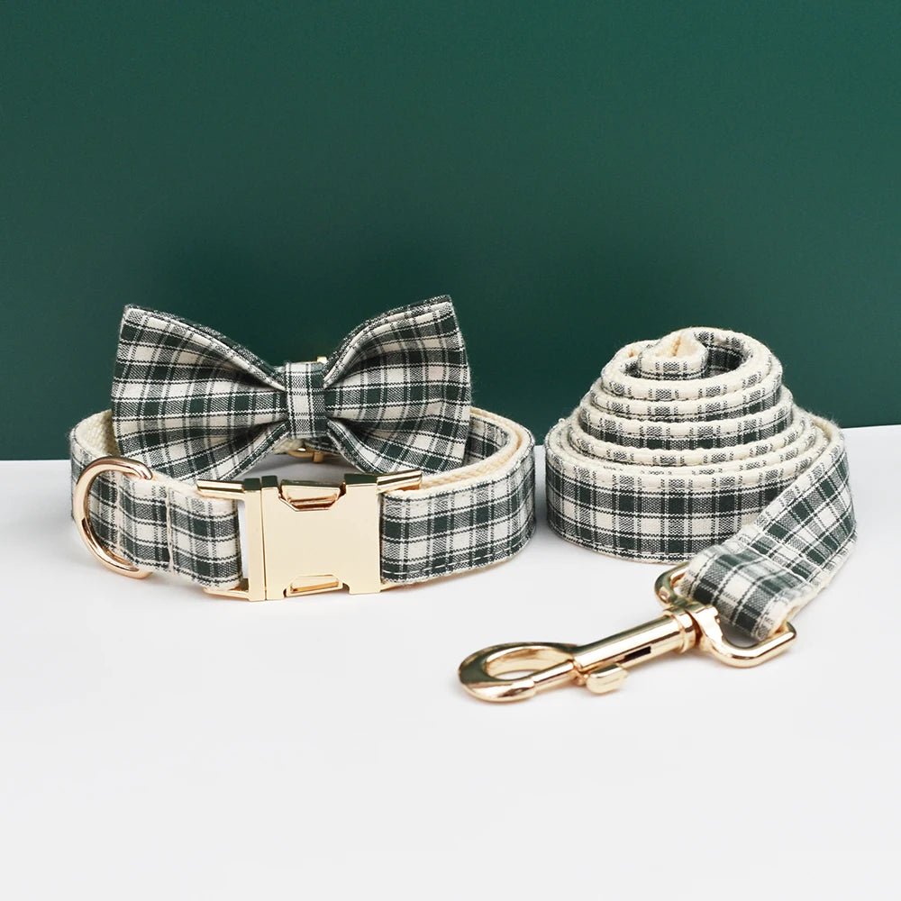 Petspuff Personalised Green Plaid Dog Collar, Harness & Lead Set – Engraved Name Tag & Bow - Petspuff