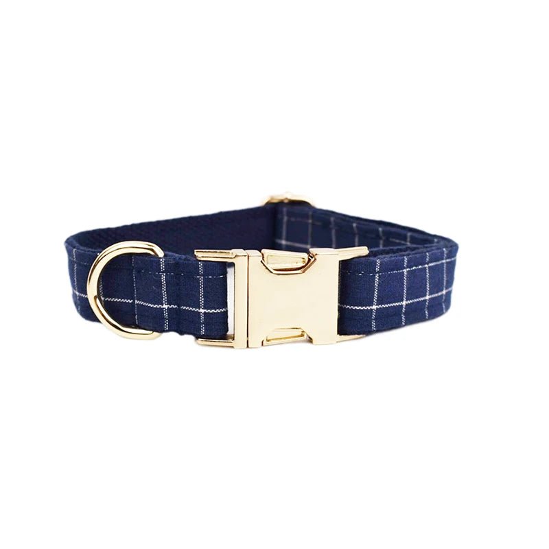 Petspuff Personalised Navy Check Dog Collar & Lead Set – Engraved Name Tag, Bow & Harness