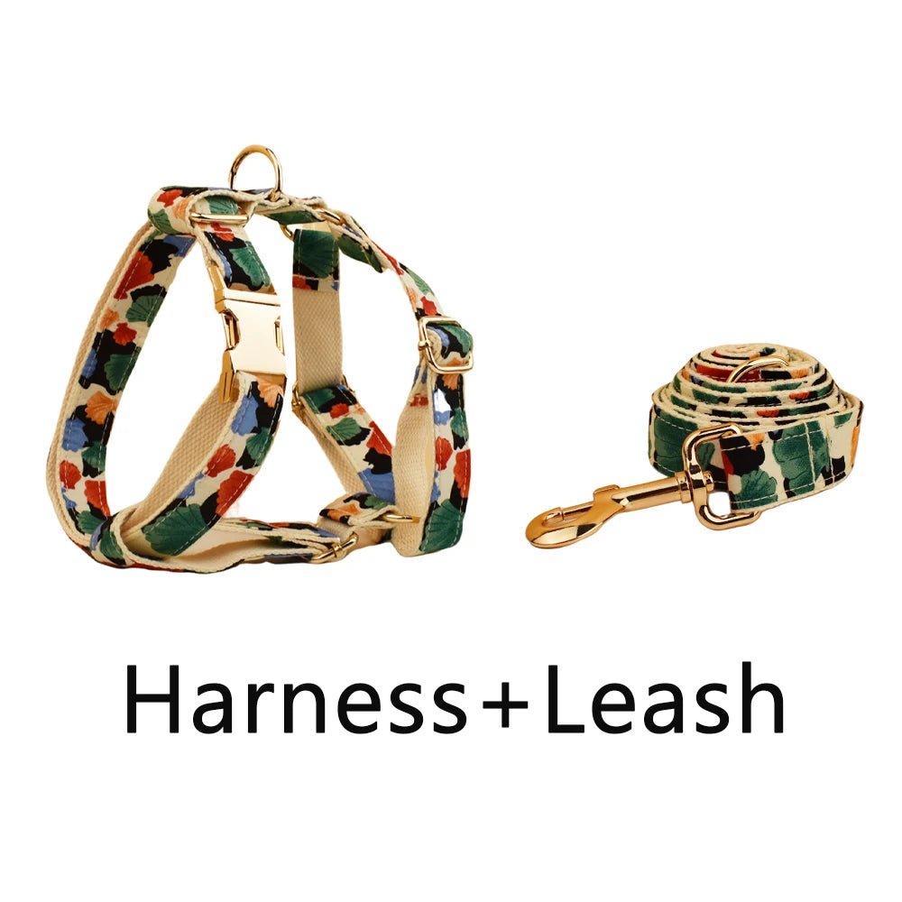Petspuff Personalised Printed Dog Collar, Harness & Lead Set – Engraved Name Tag & Bow