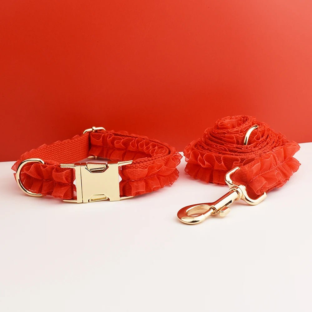 Petspuff Personalised Red Lace Wedding Dog Collar, Harness & Lead – Engraved Nameplate | 3-Piece Set