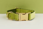 Petspuff Personalised Avocado Green Velvet Dog Collar & Lead Set – Engraved Name Tag, Bow & Harness - Petspuff