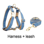 Petspuff Personalised Denim Print Dog Collar & Lead Set – Engraved Name Tag, Bow & Harness
