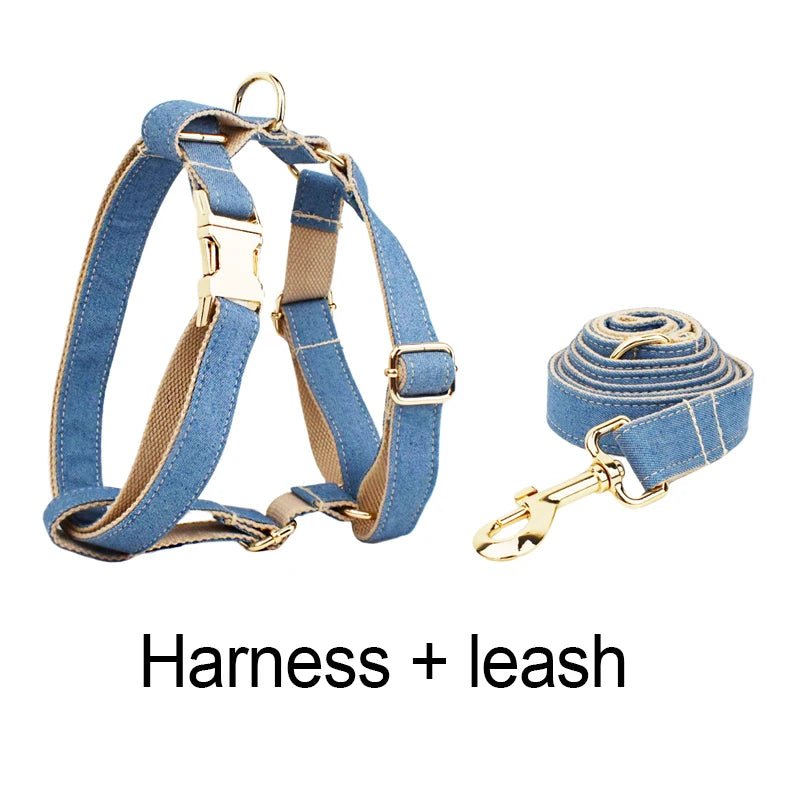Petspuff Personalised Denim Print Dog Collar & Lead Set – Engraved Name Tag, Bow & Harness