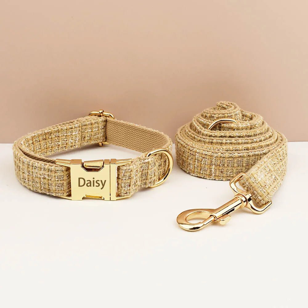 Petspuff Personalised Light Khaki Dog Collar, Harness & Lead Set – Engraved Nameplate & Bow