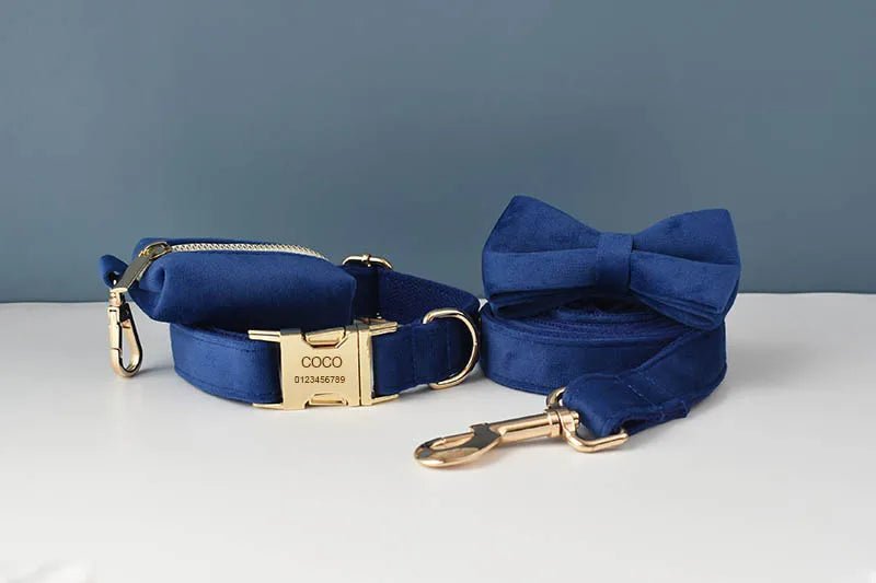 Petspuff Personalised Velvet Dog Collar, Lead & Poop Bag Holder – Engraved Name & Phone | French Bulldog