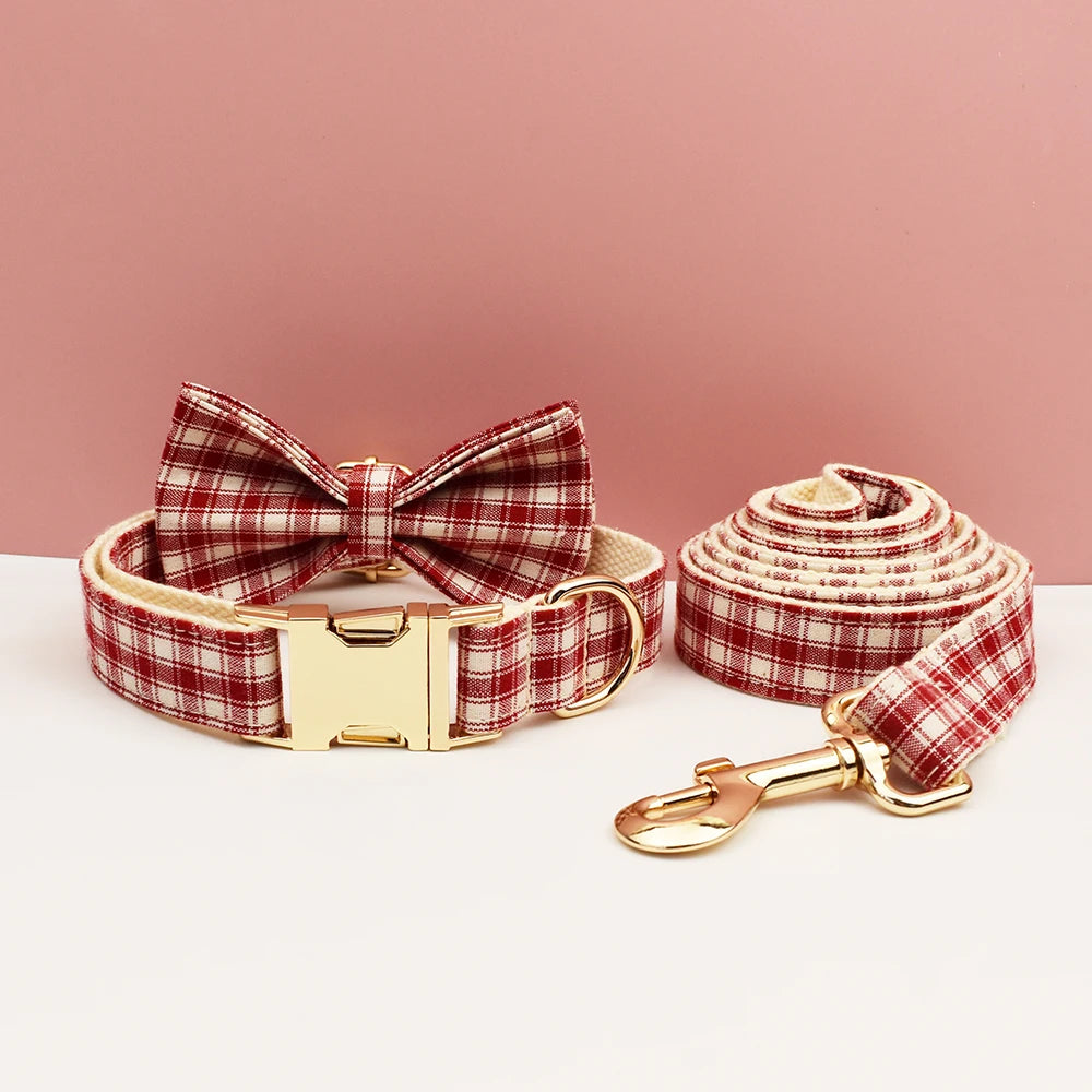 Petspuff Personalised Red Plaid Dog Collar, Harness & Lead Set – Engraved Name Tag & Bow | Christmas