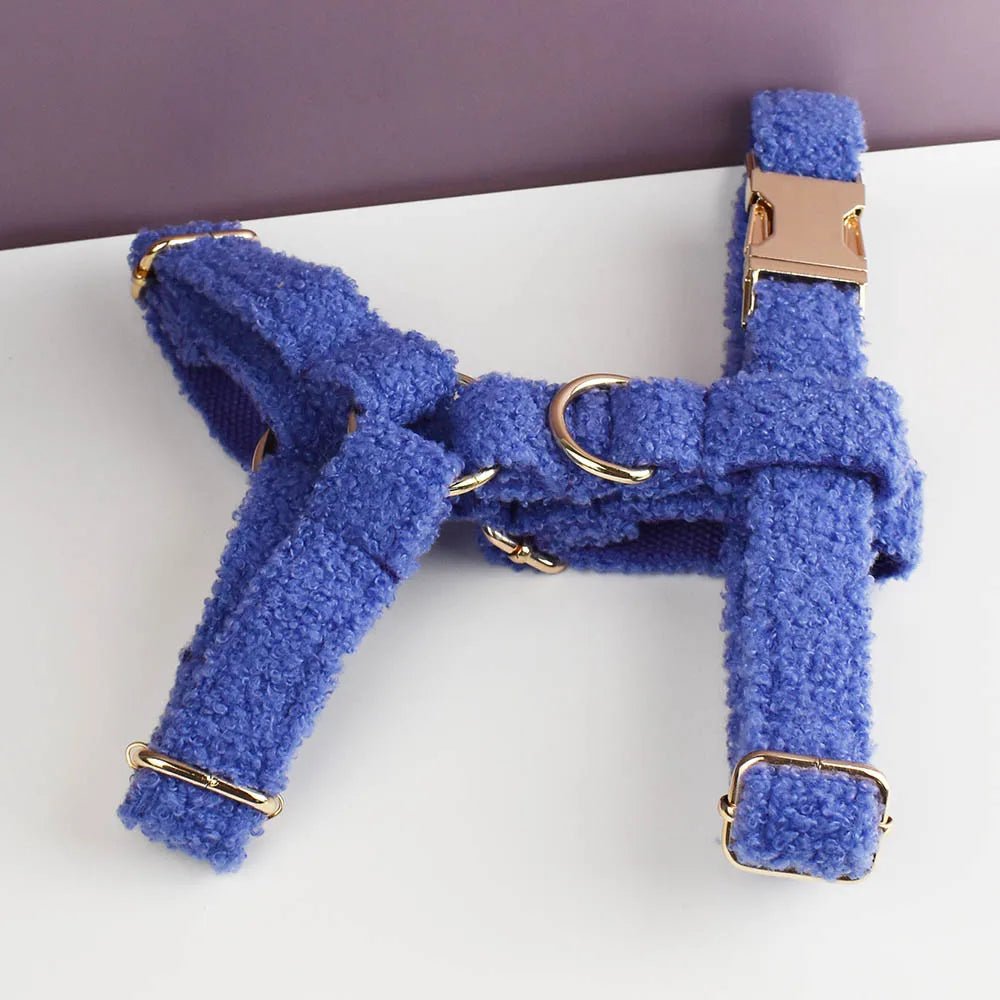 Petspuff Personalised Teddy Velvet Dog Collar, Harness & Lead Set – Engraved Name Tag & Bow | Style 08 - Petspuff