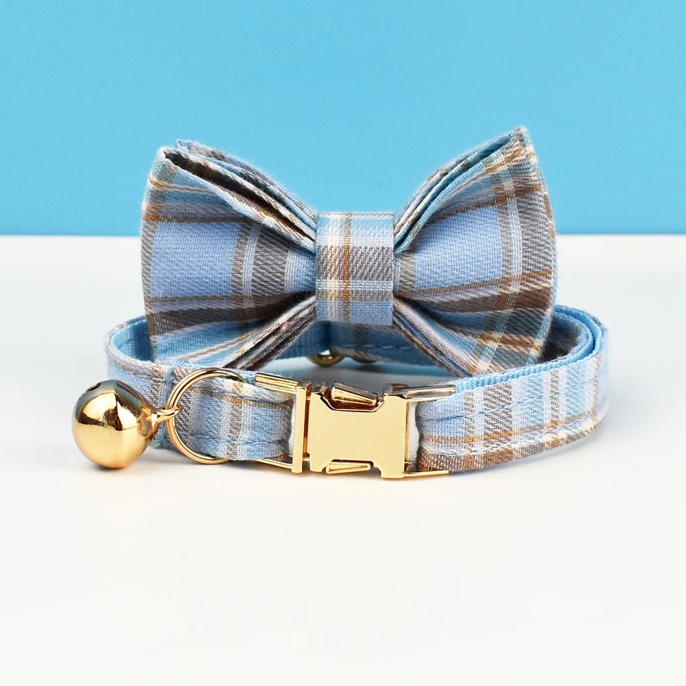 Petspuff Personalised Plaid Cat Collar with Bow Tie – Adjustable Safety Buckle & Name Tag