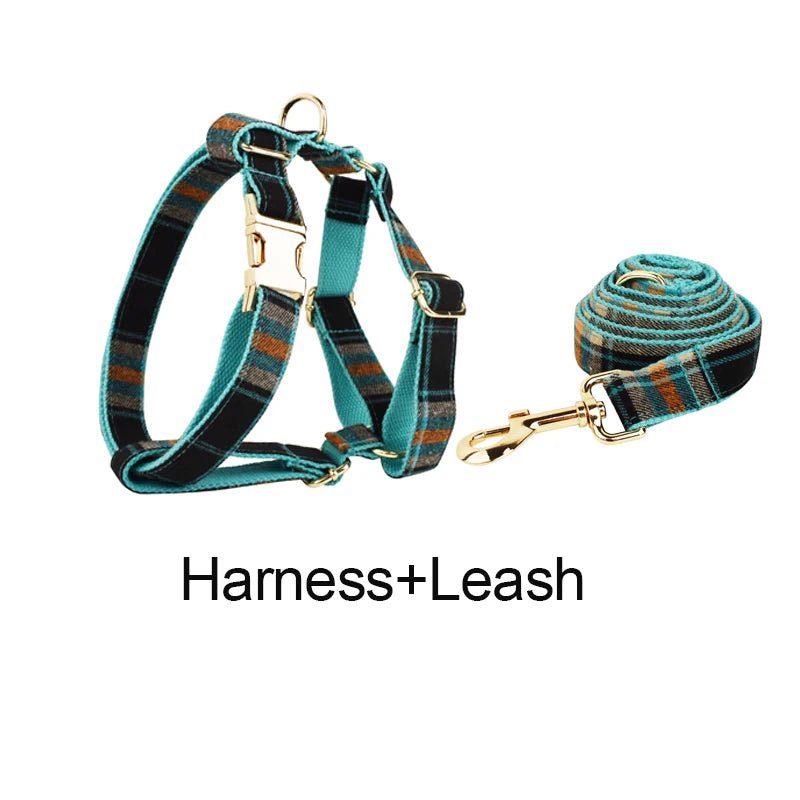 Petspuff Plaid Dog Collar, Harness & Lead Set with Bow – 4-Piece Walking Set | XS–XL