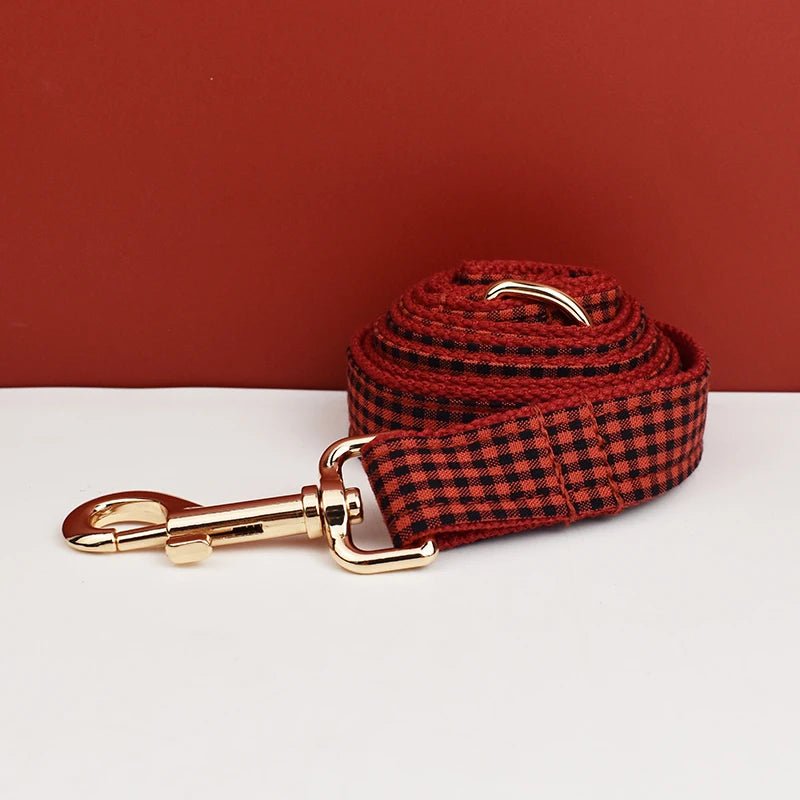 Petspuff Personalised Grey Check Dog Collar & Lead Set – Engraved Name Tag, Bow & Harness - Petspuff