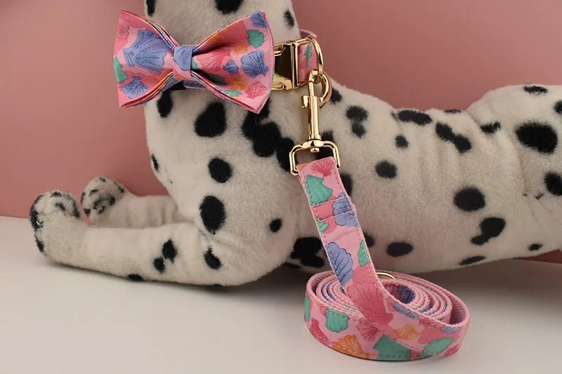 Petspuff Personalised Pink Shell Print Dog Collar & Lead – Engraved Name Tag | Medium & Large Dogs
