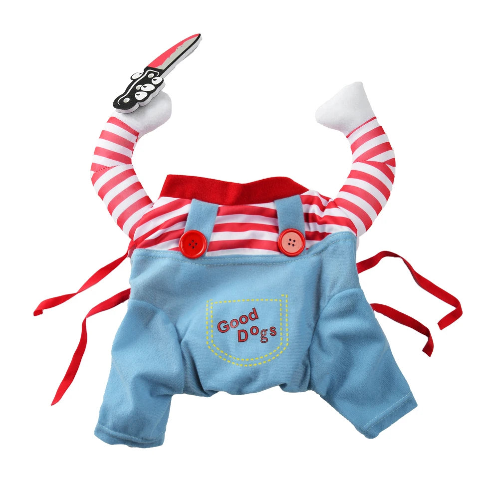 Petspuff Killer Doll Halloween Costume – Striped Dungarees with Toy Knife | Small Dogs & Cats