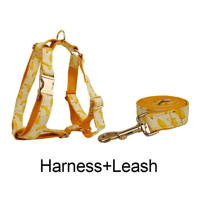 Petspuff Personalised Banana Print Dog Collar, Harness & Lead Set – Engraved Name Tag & Bow