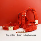 Petspuff Personalised Red Lace Wedding Dog Collar, Harness & Lead – Engraved Nameplate | 3-Piece Set
