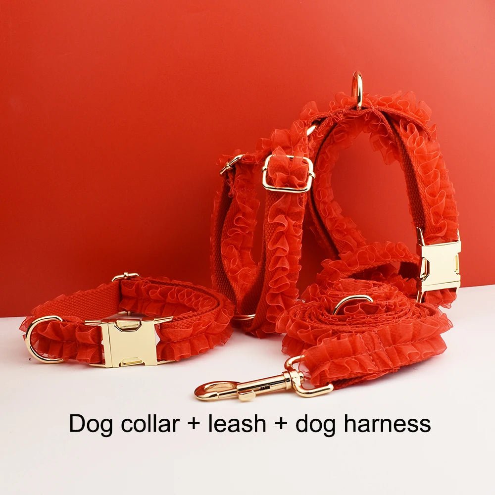 Petspuff Personalised Red Lace Wedding Dog Collar, Harness & Lead – Engraved Nameplate | 3-Piece Set