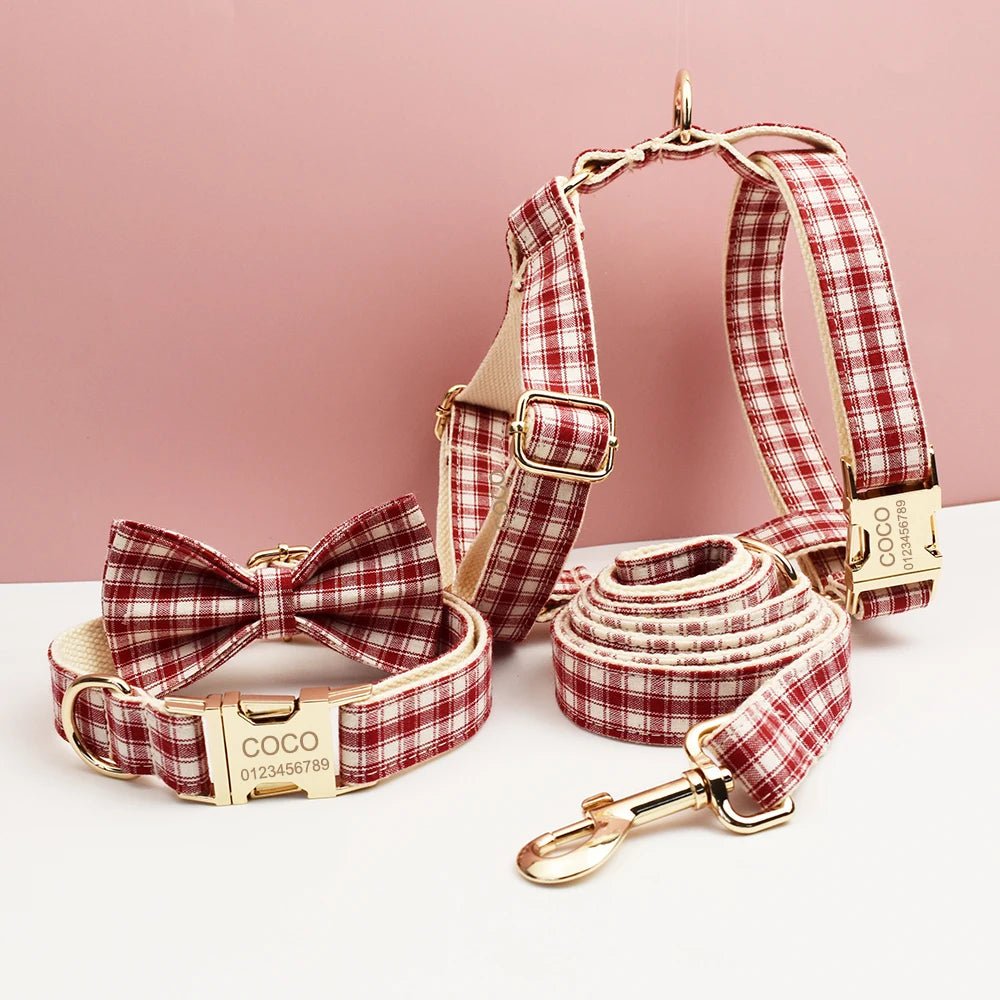 Petspuff Personalised Red Plaid Dog Collar, Harness & Lead Set – Engraved Name Tag & Bow | Christmas