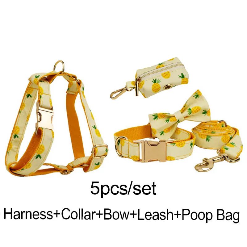 Petspuff Personalised Pineapple Print Dog Collar, Harness & Lead Set – Engraved Name Tag & Bow - Petspuff