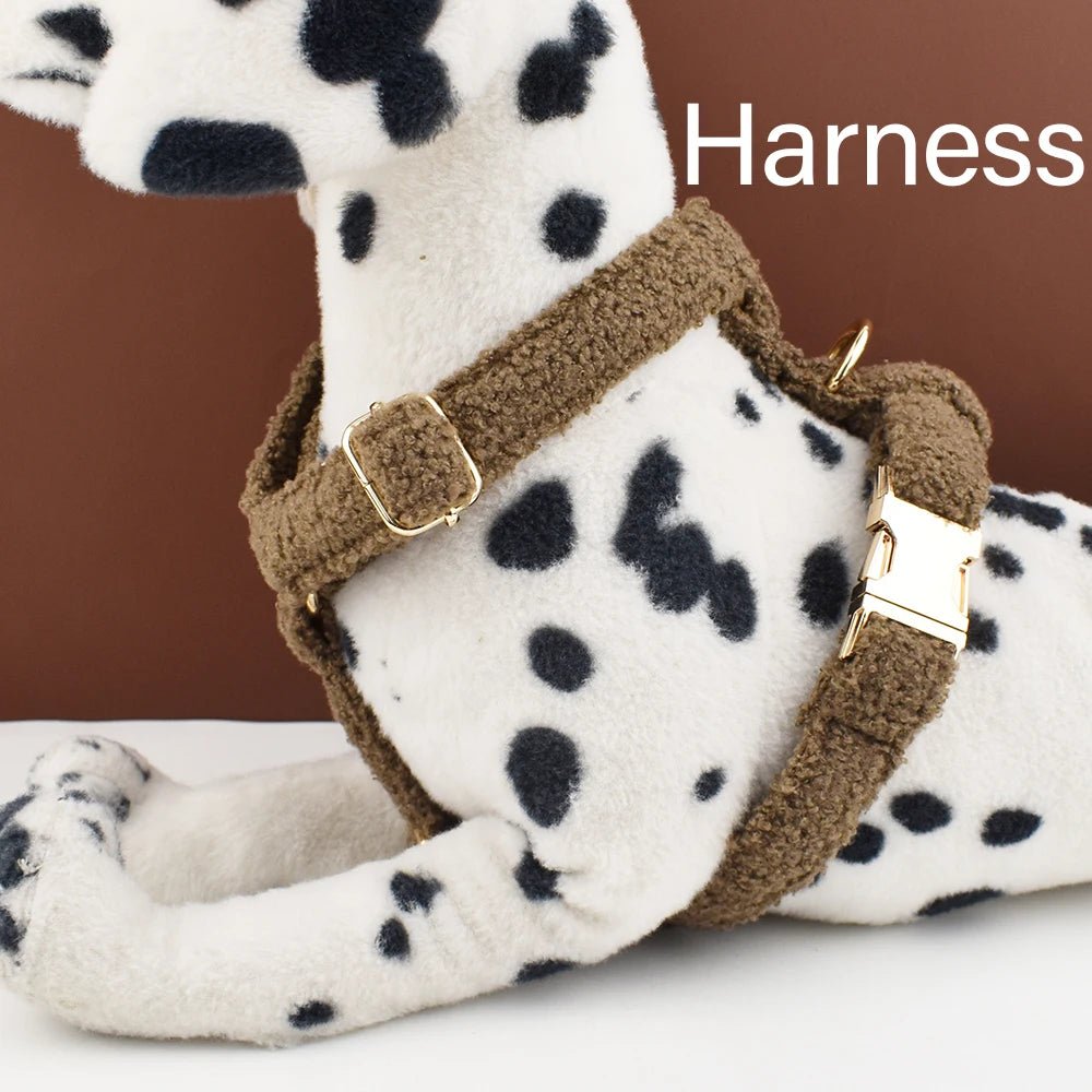 Petspuff Personalised Teddy Fleece Dog Collar & Lead Set – Engraved Name Tag, Harness | 4 Colours - Petspuff