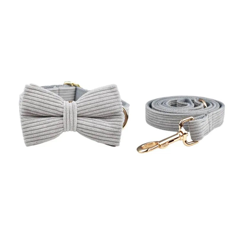 Petspuff Personalised Light Grey Corduroy Dog Collar & Lead Set – Engraved Name Tag, Bow & Harness