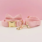 Petspuff Personalised Pink Corduroy Dog Collar & Lead Set – Engraved Name Tag, Bow & Harness