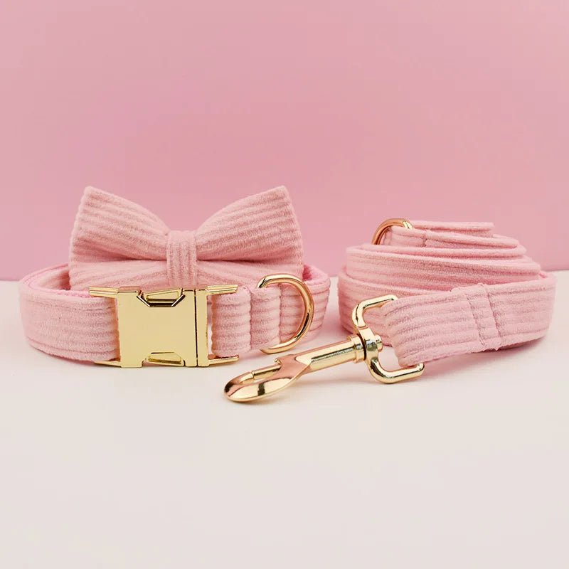 Petspuff Personalised Pink Corduroy Dog Collar & Lead Set – Engraved Name Tag, Bow & Harness