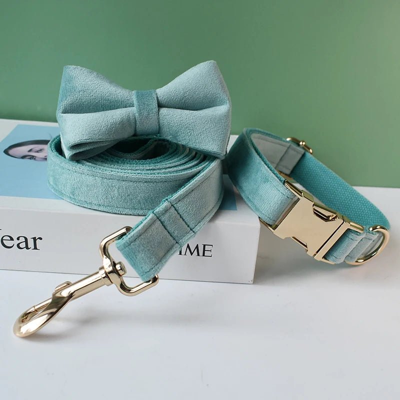 Petspuff Personalised Emerald Green Velvet Dog Collar & Lead with Bow – Engraved Name Tag | S–XL