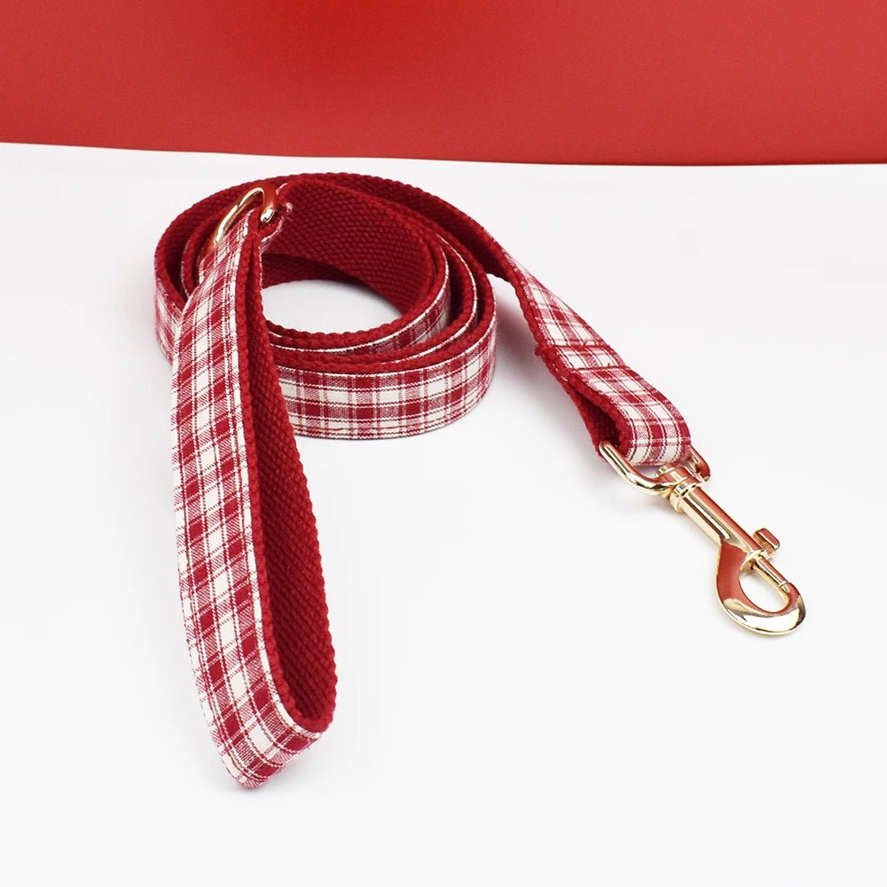 Petspuff Personalised Red Plaid Dog Collar, Harness & Lead Set – Engraved Name Tag & Bow | Style 28
