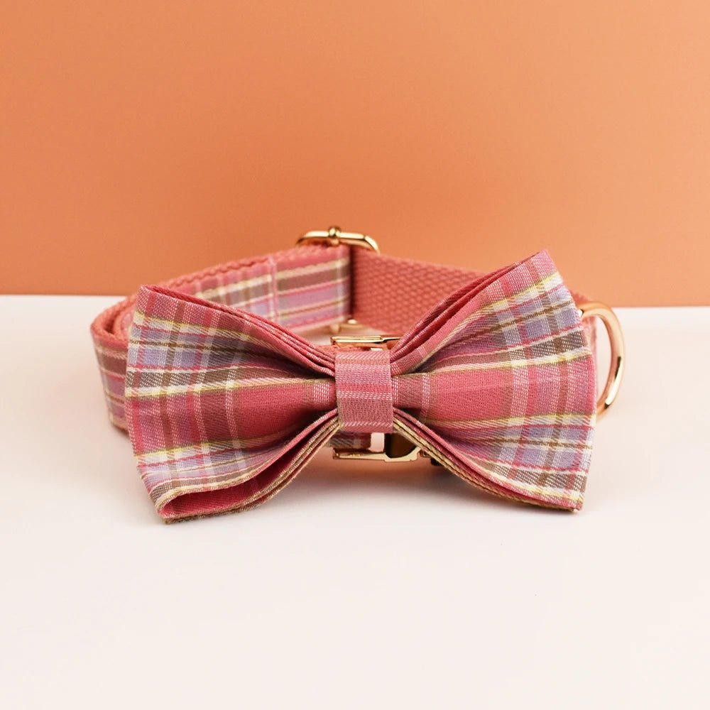Petspuff Personalised Plaid Bow Dog Collar & Lead – Engraved Name Tag | 7 Designs, XS–XL - Petspuff