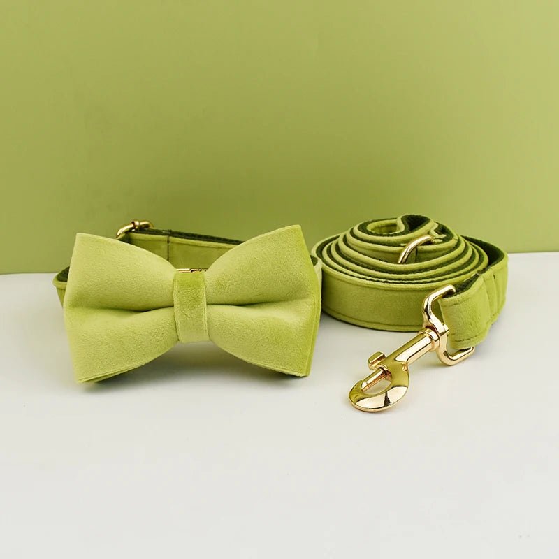 Petspuff Personalised Avocado Green Velvet Dog Collar & Lead Set – Engraved Name Tag, Bow & Harness - Petspuff
