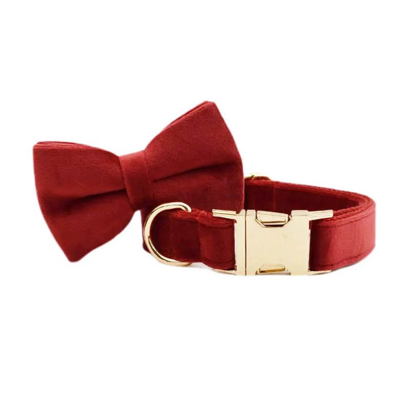 Petspuff Personalised Cherry Red Velvet Dog Collar & Lead Set – Engraved Name Tag, Bow & Harness - Petspuff