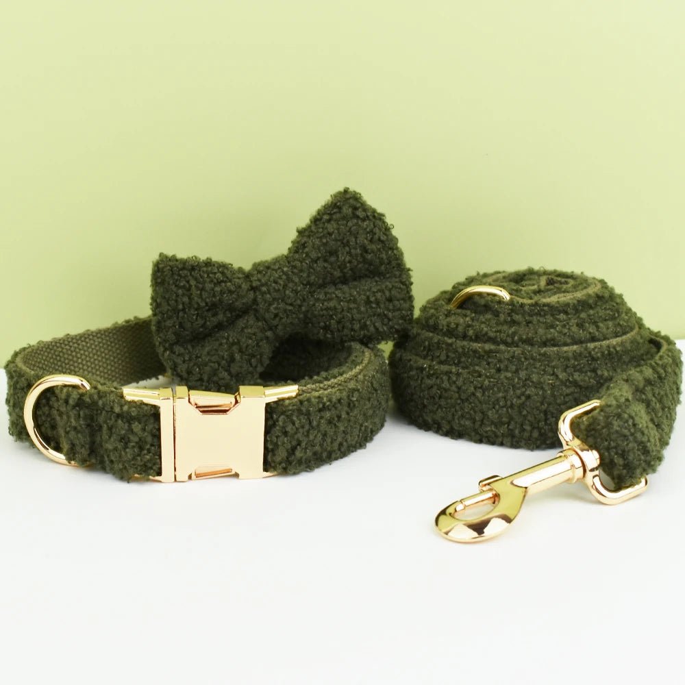 Petspuff Personalised Army Green Teddy Fleece Dog Collar & Lead Set – Engraved Name Tag | Christmas - Petspuff