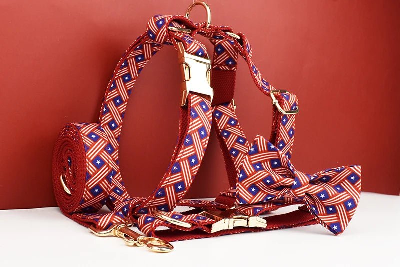 Petspuff Flag Print Cotton Dog Collar, Harness & Lead Set with Bow – XS–XL