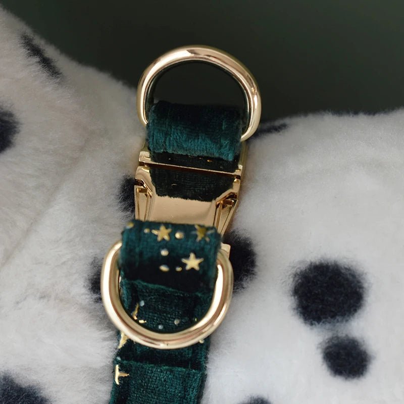 Petspuff Personalised Green Velvet Dog Harness & Lead – Engraved ID Tag, Gold Hardware & Bow - Petspuff