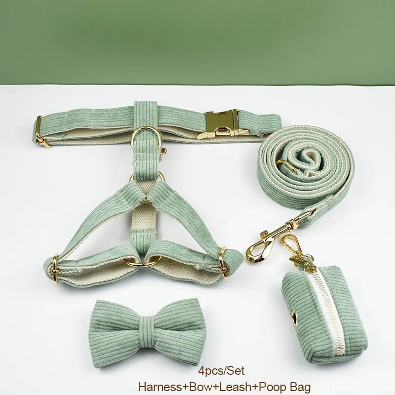 Petspuff Personalised Light Green Corduroy Dog Collar & Lead Set – Engraved Name Tag, Bow & Harness
