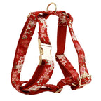 Petspuff Personalised Red Floral Cotton Dog Collar, Harness & Lead Set – Engraved Name Tag, Bow & Flower