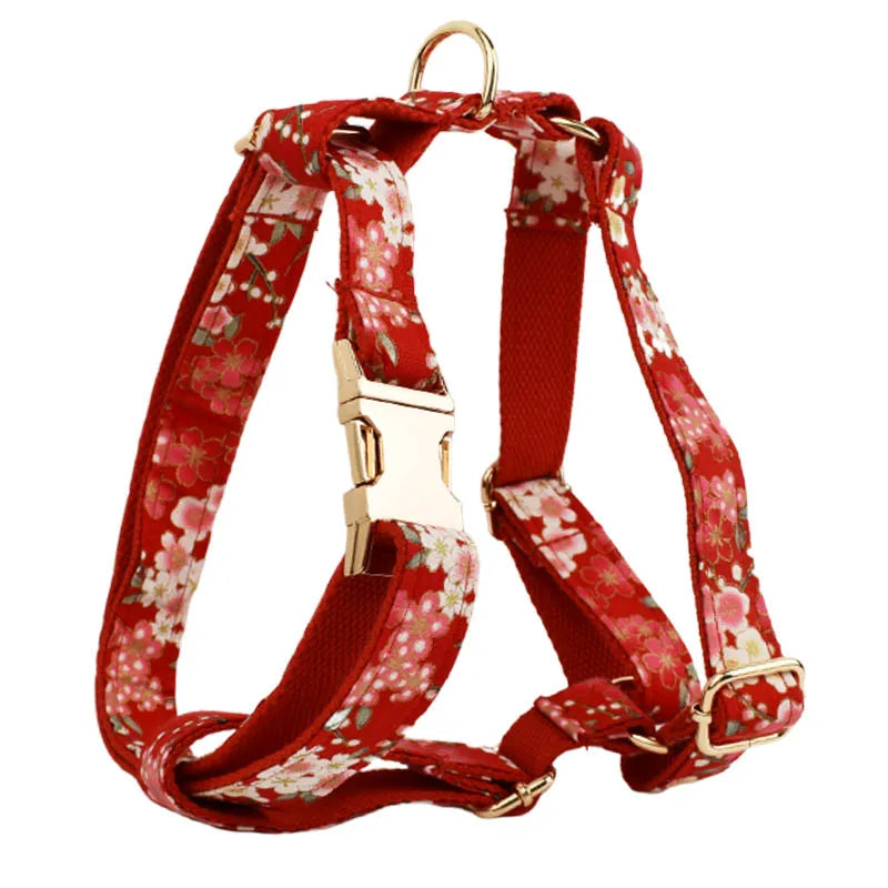 Petspuff Personalised Red Floral Cotton Dog Collar, Harness & Lead Set – Engraved Name Tag, Bow & Flower
