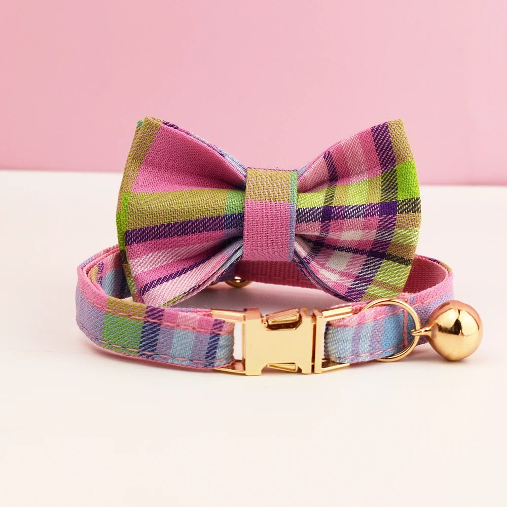 Petspuff Personalised Plaid Cat Collar with Bow Tie – Adjustable Safety Buckle & Name Tag