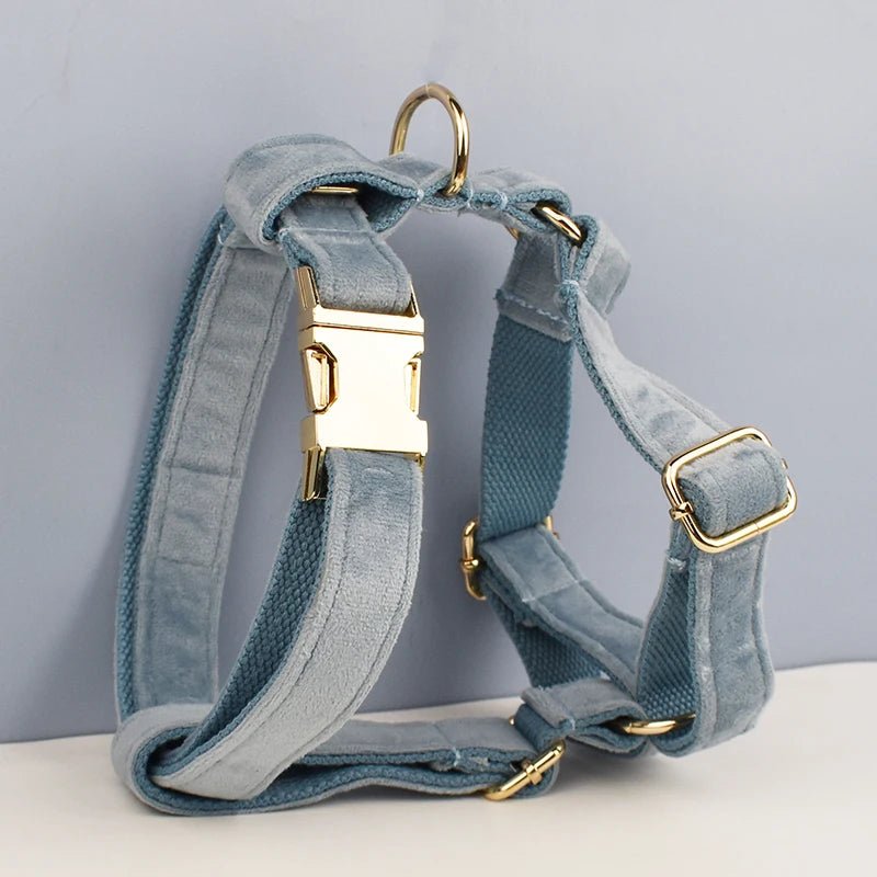 Petspuff Personalised Nordic Blue Velvet Dog Collar & Lead Set – Engraved Name Tag, Bow & Harness